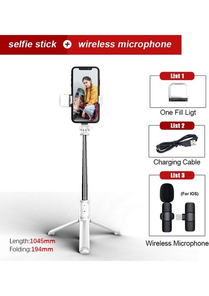 Beyaz Ios Roreta Ekle 2022 Yeni Katlanabilir Kablosuz Bluetooth Selfie Çubuğu Tripod Monopod Deklanşör Dolgu Işığı Paslanmaz Çelik Selfie Stck (Yurt Dışından)