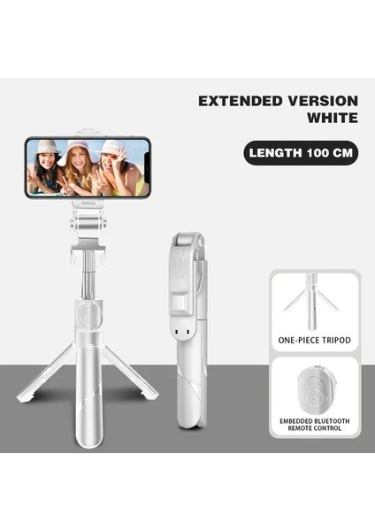 WHITE-100CM 5 In 1 Selfie Çubuk Tripod, Telefon iPhone Samsung Için Mobil Kablosuz Bluetooth Sabitleyici Tutucu Için Işık Uzaktan Kumandalı (Yurt Dışından)