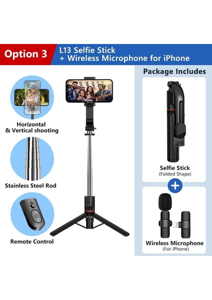 Seçenek 3 L13 1130MM Genişletilmiş Sürüm Kablosuz Bluetooth Selfie Çubuğu Katlanabilir Tripod ile Uzaktan Deklanşör Android Ios 2022 Için Son Sıcak (Yurt Dışından)
