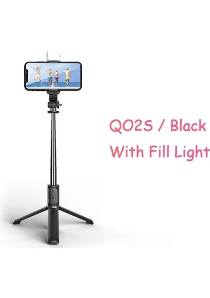 Q02S Siyah Q02S Uzaktan Kumanda Kablosuz Bluetooth Selfie Çubuğu Entegre Tripod Selfie Çubuğu Canlı Dolgu Işığı Cep Telefonu Selfie Çubuğu (Yurt Dışından)