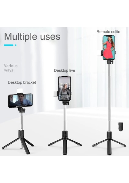 Siyah Cep Telefonu Selfie Çubuğu Güzellik Dolgu Işığı Tripod iphone 8 11 12 Pro Bluetooth Selfie Çubuğu Xiaomi Huawei Telefon Standı (Yurt Dışından)
