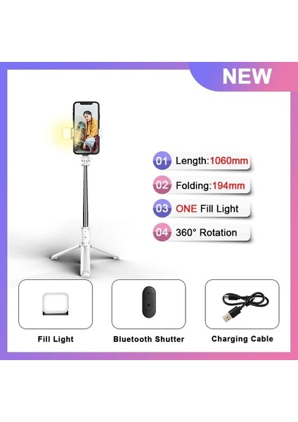 Beyaz Işıklı Cool Dıer 2022 Kablosuz Bluetooth Selfie Çubuğu Katlanabilir Mini Tripod, Akıllı Telefon Için Dolgu Işığı ile Bluetooth Deklanşör (Yurt Dışından)