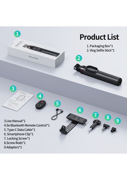 Siyah Telesın Bluetooth Selfie Çubuğu Gopro 10/9/max/ios/android W/uzaktan Kumanda Katlanabilir Tripod Manyetik Emme ile (Yurt Dışından)
