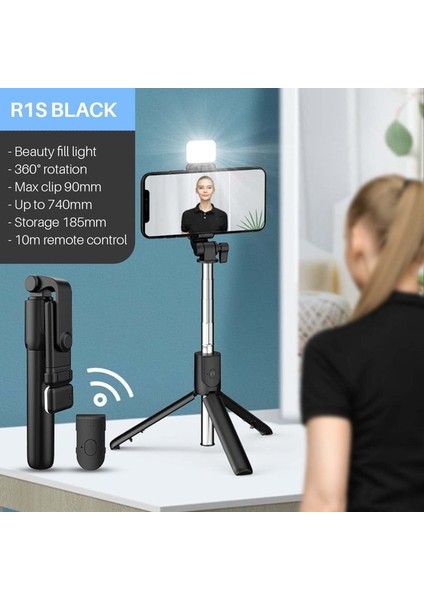 R1S Siyah Yeni Bluetooth Selfie Sopa Cep Telefonu Tutucu Geri Çekilebilir Taşınabilir Çok Fonksiyonlu Mini Tripod Kablosuz Uzaktan Deklanşör (Yurt Dışından)