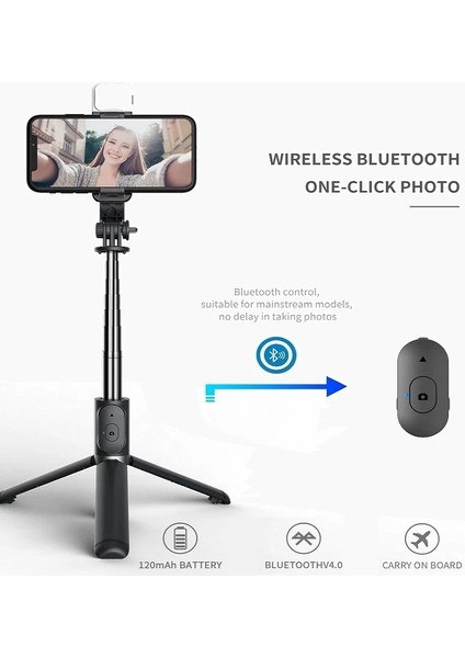 Siyah Işıklı Selfie Çubuğu iPhone Android Cep Telefonu Için Tripodlu Stand Tutucu Kutup Akıllı Telefon Bluetooth Monopod LED Işık Çubuk Teleskopik (Yurt Dışından)