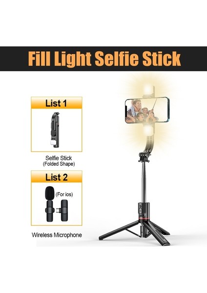 Siyah Ios Fangtuosı 2023 Yenı Uzun Selfie Çubuk Tripod Bluetooth Deklanşör Dolgu Işığı Paslanmaz Çelik Monopod iphone Huawei Için (Yurt Dışından)