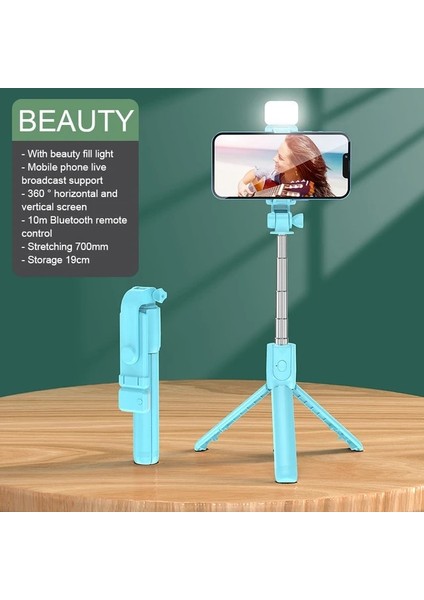 Yeşil Işıklı Geri Çekilebilir Cep Telefonu Tutucu Taşınabilir Bluetooth Selfie Çubuğu Selfie Işığı ile Çok Fonksiyonlu Tripod Kablosuz Uzaktan Deklanşör (Yurt Dışından)