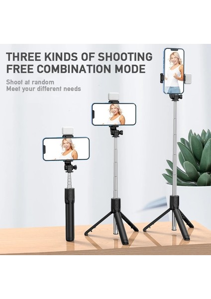 Yeşil Işıklı Geri Çekilebilir Cep Telefonu Tutucu Taşınabilir Bluetooth Selfie Çubuğu Selfie Işığı ile Çok Fonksiyonlu Tripod Kablosuz Uzaktan Deklanşör (Yurt Dışından)