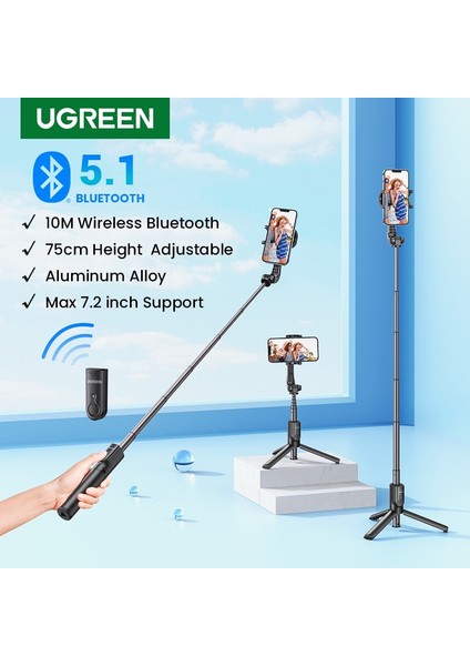 Sadece Bluetooth 【yeni Satışta】 Ugreen Bluetooth5.1 Selfie Çubuğu Tripod Standı 750MM Genişletilmiş 10 M Bluetooth Uzaktan Deklanşör Evrensel Ios Android Için (Yurt Dışından)