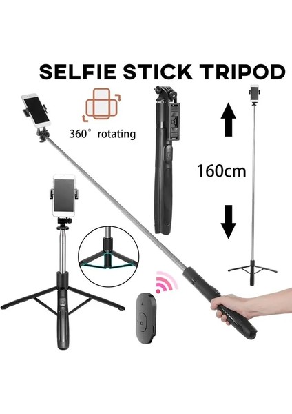 160CM Stand Tripod 150/160CM Bluetooth Kablosuz Selfie Çubuğu Mini Tripod iPhone Android Telefon Için Dolgu Işığı ile Uzatılabilir Monopod Uzaktan Deklanşör (Yurt Dışından)
