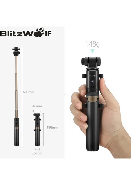 Bs3 Siyah Blitzwolf Bw-Bs3 Bluetooth Uyumlu Özçekim Çubuğu Tripod Uzaktan Kumanda Esnek Özçekim Çubuğu Sabitleyici iphone Için Xiaomi (Yurt Dışından)