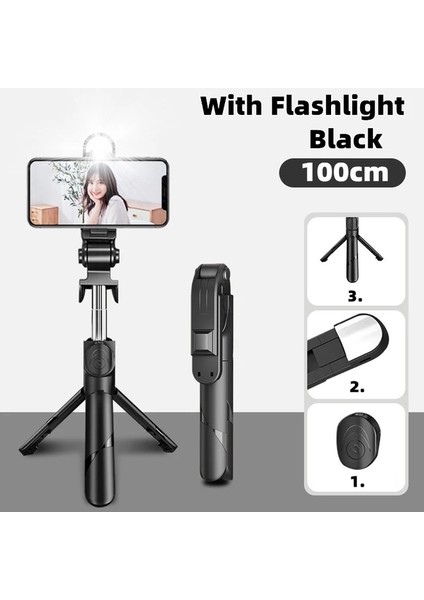 Siyah Işık 100CM Selfie Çubuğu LED Işıklı Tripod iPhone Android Telefon Mobil Cep Tutucu Standı Akıllı Telefon Monopod Bluetooth Teleskopik Pau (Yurt Dışından)