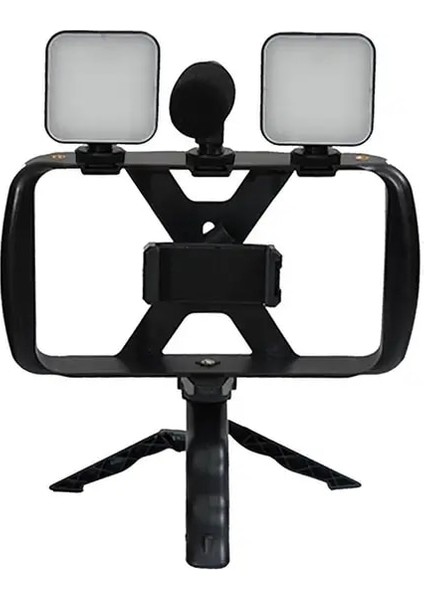 Çift Işıklar 4 In 1 Fotoğraf Tripod Standı Seti Selfie Çubuk Tripod Işık ve Mikrofon ile Tavşan Kafesi Sabitleyici Cep Telefonu Tutucu Klip (Yurt Dışından)