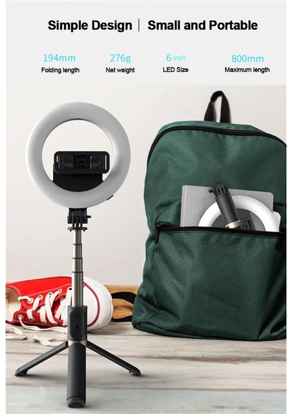 Siyah Bluetooth Selfie Çubukları LED Halka Işık Katlanabilir Tripod Standı 6 Inç Selfie Çubukları Video Canlı Makyaj Fotoğrafçılığı Işık Kablosuz (Yurt Dışından) indirimleri