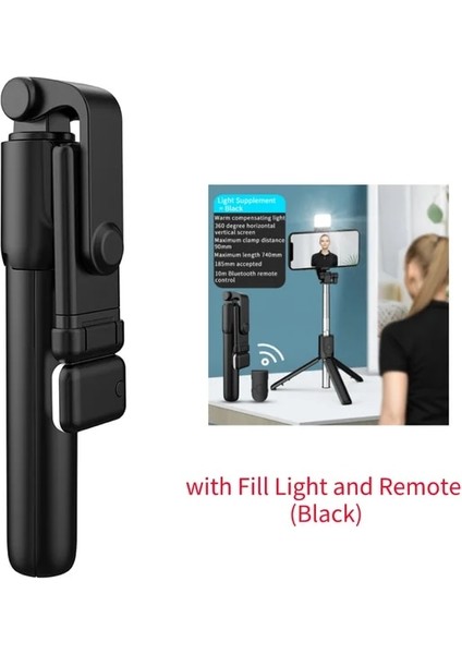 Siyah Işıklı Kablosuz Bluetooth Uyumlu Selfie Çubuğu LED Halka Işıklı Katlanabilir Tripod Monopod iPhone Için Android Canlı Tripod (Yurt Dışından)