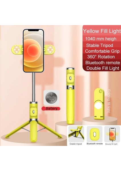 Sarı Işıklı Kablosuz Selfie Çubuğu Bluetooth Uzaktan Güçlendirilmiş Tripod Tutucu iPhone Huawei Xiaomi Akıllı Telefon Selfie Canlı Için Dolgu Işığı ile (Yurt Dışından)