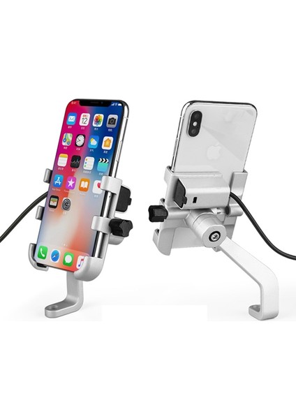 Gidon Gümüş Smoyng Alüminyum Motosiklet Bisiklet Telefon Tutucu Standı USB Şarj Aleti ile Moto Bisiklet Gidon Mirro Mobil Braketi Destek Dağı (Yurt Dışından) fırsatları