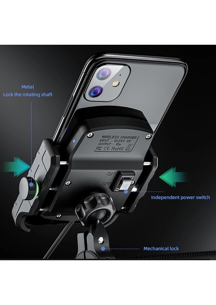 M8S Siyah Motosiklet Tutucu Kablosuz Şarjlı Motosiklet Qc3.0 Hızlı Şarj Cep Telefonu Kablosuz Tutucu Gidon Montaj Standı Gps Tutucu (Yurt Dışından)