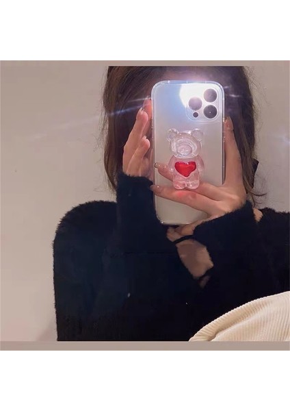 E Kore Sevimli 3D Şeffaf Epoksi Kristal Aşk Kalp Ayı Griptok Braketi iPhone 11 13 Promax Telefon Tutucu Kılıf Standı Kavrama Tok (Yurt Dışından) modelleri