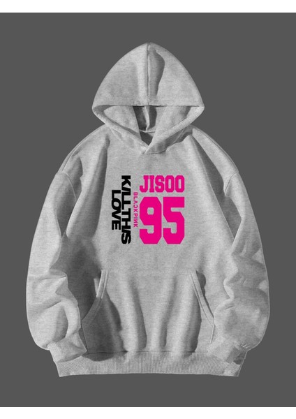 Gri Ön Black Pink Jısoobaskılı Oversize Sweatshirt