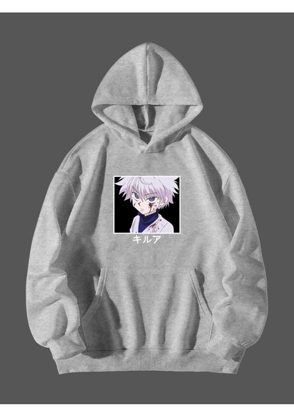 Gri Ön Anime Baskılı Oversize Sweatshirt