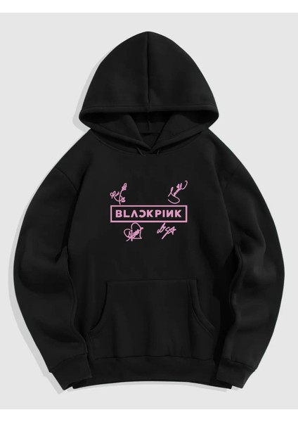 Siyah Ön Black Pink Kalpli Baskılı Oversize Sweatshirt