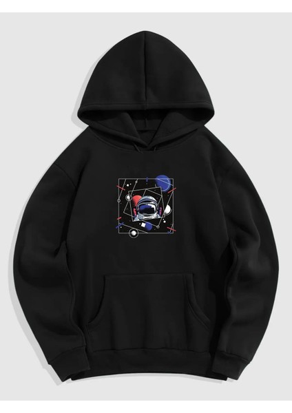 Siyah Ön Uzay Astronot Baskılı Oversize Sweatshirt