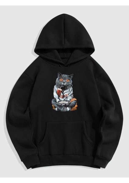 Siyah Ön Gamer Cat Baskılı Oversize Sweatshirt