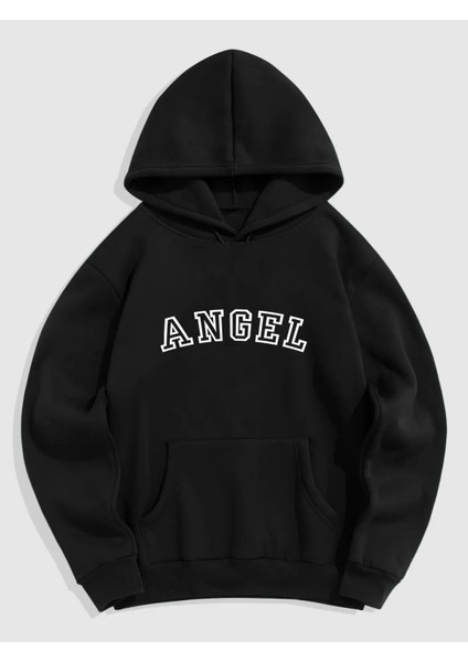 Siyah Ön Angel Baskılı Oversize Sweatshirt