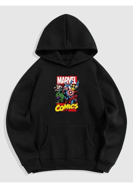 Siyah Ön Marvel Baskılı Oversize Sweatshirt