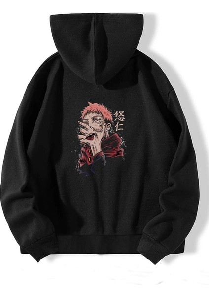 Siyah Sırt Jujutsu Kaisen Anime Baskılı Oversize Sweatshirt