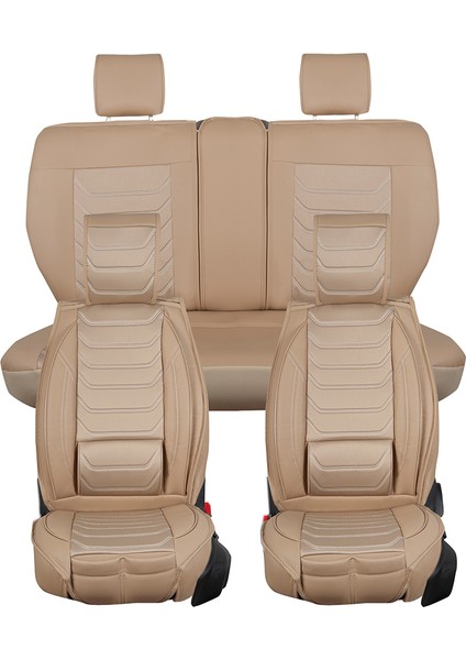 Audi Q7 Uyumlu Lüks Deri Oto Koltuk Kılıfı Ön/arka 5li Set Anka Seri (Bej)