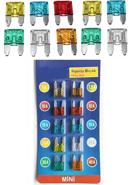 Oto Araç Bıçak Sigorta Mini Sigorta 10'lu Set 5-7,5-10-15-2-25-30-40 Amper