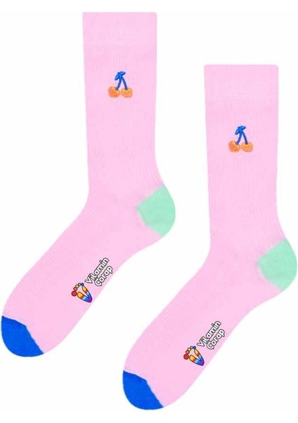 Kiraz Pembe Nakışlı Renkli Çorap