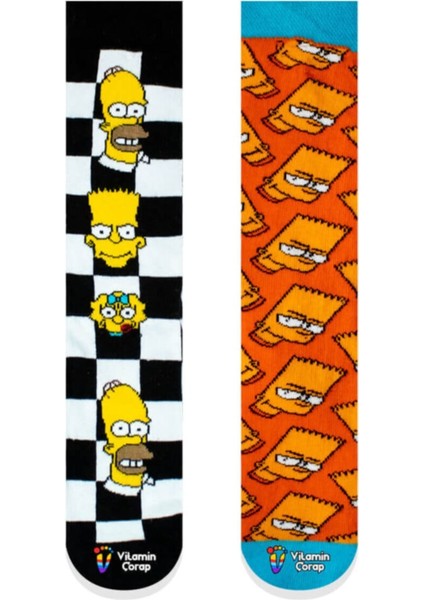 2'li Damalı Simpson Renkli Çorap Set