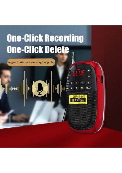 Kırmızı Taşınabilir Fm Radyo Bluetooth Hoparlör Mini Mp3 Müzik Çalar Kaydedici LED Ekran Desteği Handsfree Tf Kart Dahili Kayıt (Yurt Dışından)