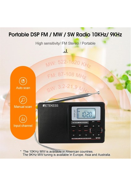 10KHZ Mw Ayarlama Retekess V111 Tam Bant Radyo Fm Stereo/mw/sw Dsp Zamanlama Çalar Saat ile Dünya Bandı Alıcısı Taşınabilir Radyo Siyah F9201 (Yurt Dışından)