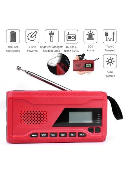 2000 Mah Kırmızı Taşınabilir Radyo El Krank Güneş El Radyosu Güneş Krank Am/fm/noaa Hava Radyo Acil El Feneri 4500 Mah Meyilli (Yurt Dışından)