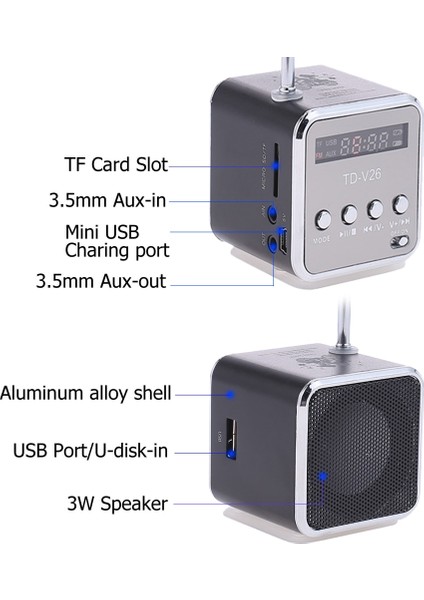 Gümüş TD-V26 Taşınabilir Dijital Fm Radyo Hoparlör Mini LCD Ekran Stereo Hoparlör Desteği Tf Kart Mp3 Müzik Çalar USB Şarj (Yurt Dışından) fiyatları