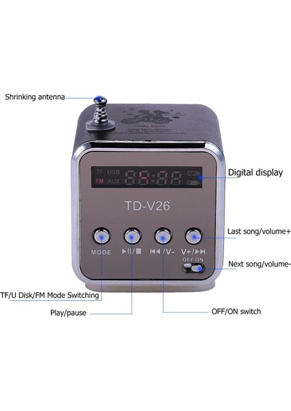 Gümüş TD-V26 Taşınabilir Dijital Fm Radyo Hoparlör Mini LCD Ekran Stereo Hoparlör Desteği Tf Kart Mp3 Müzik Çalar USB Şarj (Yurt Dışından) modelleri
