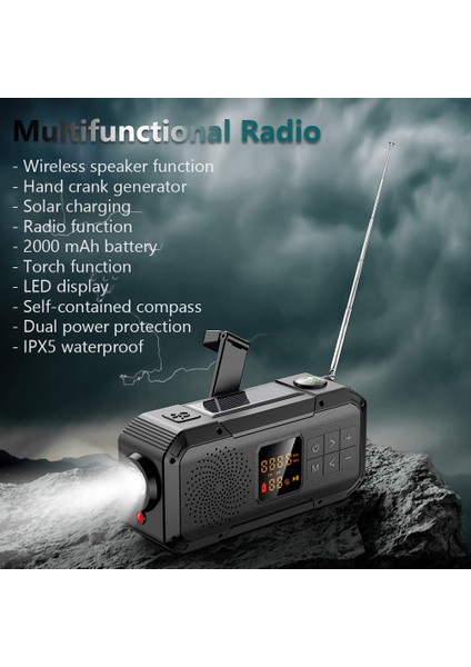 08 Acil Durum Radyo Alıcısı Taşınabilir Güneş El Krank Radyo Am/fm/noaa Hava Durumu Radyo LED El Feneri 2000 Mah Şarj Cihazı Sos Uyarısı (Yurt Dışından)