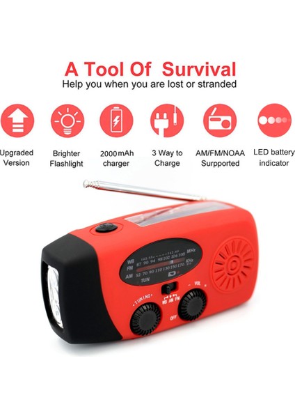 Siyah 2000 Mah Radyo Fm Alıcısı El Krank Güneş USB Şarj Am Wb Hava Durumu Radyo Acil Durum LED El Feneri Torch Güç Bankası Taşınabilir (Yurt Dışından) modelleri