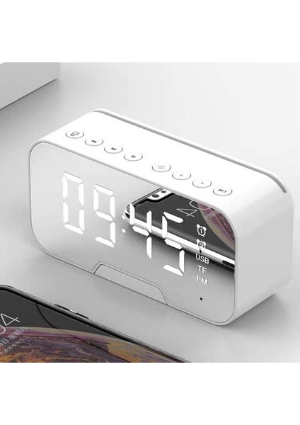 03 Beyaz Taşınabilir Kablosuz Bluetooth 5.0 Hoparlör Sütunu Süper Bas Stereo Subwoofer Tf Aux Ayna Çalar Saat Fm Alıcı Radyo (Yurt Dışından)