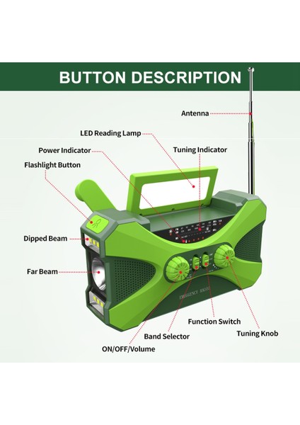 2000 Mah Turuncu Açık Havada Acil Durum Radyo Güneş Hayatta Kalma Hava Durumu Uyarısı Telefon Şarj Cihazı ile LED Torch Okuma Işığı Sos Alarmı El Krank Radyo (Yurt Dışından)