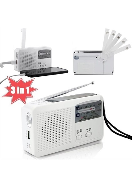 B Beyaz 3'ü 1 Arada Taşınabilir Radyo El Krank Am Fm Güneş Radyosu Acil Durum 3'ü 1 Arada Okuma Lambası El Feneri Radyo Cep Telefonu Için 2000 Mah Güç Bankası (Yurt Dışından)