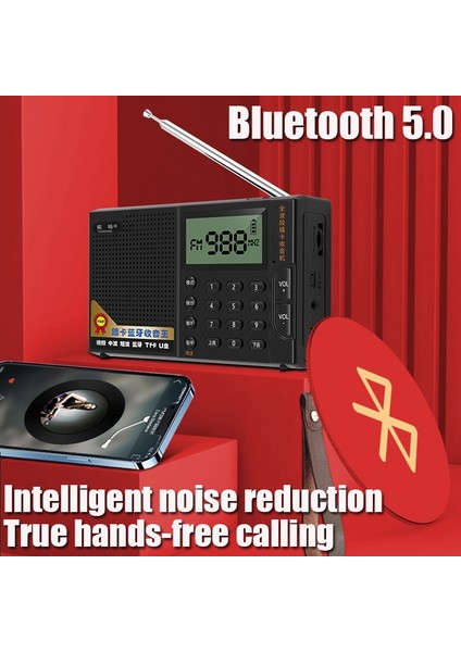 Siyah Taşınabilir Tam Bant Radyo Fm/am/sw Alıcısı Bluetooth Stereo Hoparlör Tf/usb Müzik Çalar, Lcd/3.5mm Jack Desteği Handsfree (Yurt Dışından)