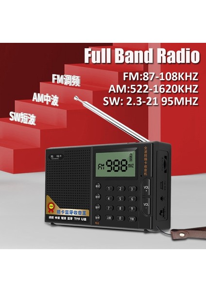 Siyah Taşınabilir Tam Bant Radyo Fm/am/sw Alıcısı Bluetooth Stereo Hoparlör Tf/usb Müzik Çalar, Lcd/3.5mm Jack Desteği Handsfree (Yurt Dışından)
