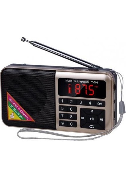 Altın Y-509 Fm Çok Fonksiyonlu Radyo Dijital Mp3 Müzik Çalar Dış Mekan Için LED El Feneri ile Taşınabilir Mini Hoparlör 13.2cm x 7cm x 3cm (Yurt Dışından)