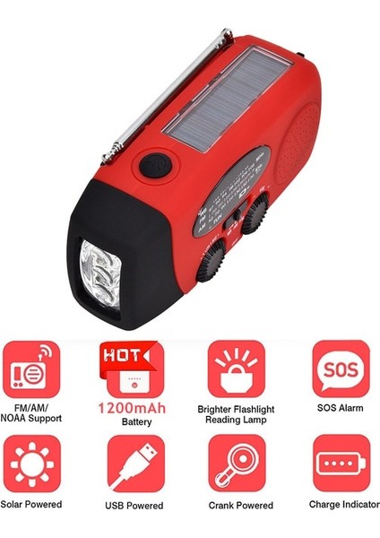 1200MAH Kırmızı Çok Fonksiyonlu El Krank Güneş Dinamo Powered Am/fm/noaa Hava Durumu Radyo Acil LED El Feneri Lambası Cep Telefonu Için Güç Bankası (Yurt Dışından)