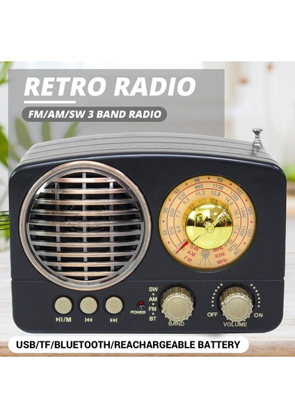 Siyah Içme Retro Radyo Kablosuz Bluetooth Hıfı Hoparlör Stereo Kulaklık Fm Am Sw USB Aux Tf Kart Mp3 Multimedya Klasik Alıcı (Yurt Dışından)